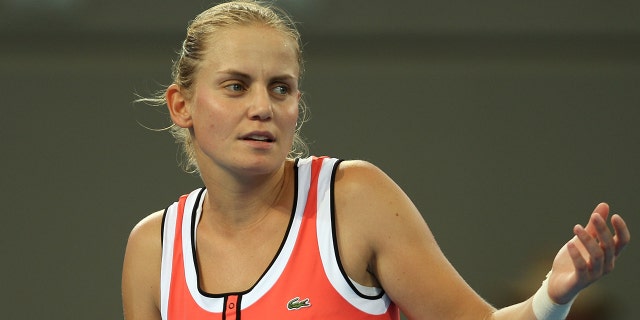 Jelena Dokic of Australia reacts after losing a point in her first round match against Ana Ivanovic of Serbia during day two of the Brisbane International 2010 at Queensland Tennis Centre on January 4, 2010 in Brisbane, Australia.