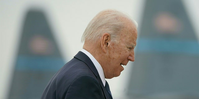 President Biden boards Air Force One at Delaware Air National Guard base in New Castle, Delaware, on April 25, 2022. 