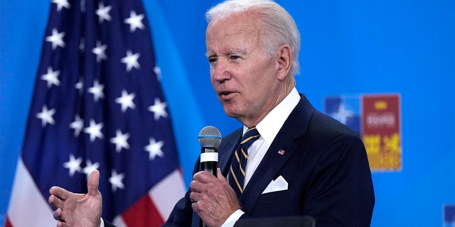 President Biden speaks during a media conference at the end of a NATO summit in Madrid, Spain on Thursday, Junie 30, 2022. (AP Photo/Bernat Armangue)