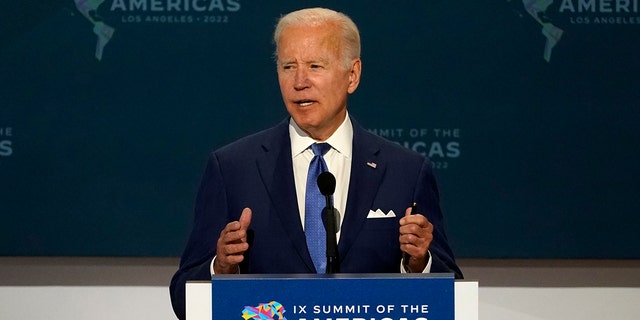 President Biden speaks during the opening plenary session at the Summit of the Americas, Thursday, June 9, 2022, in Los Angeles. (AP Photo/Marcio Jose Sanchez)