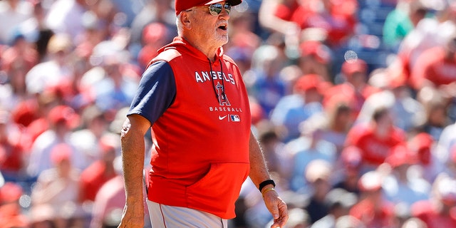 Joe Maddon of the Los Angeles Angels reacts during the fifth inning against the Phillies at Citizens Bank Park on June 5, 2022, in Philadelphia.