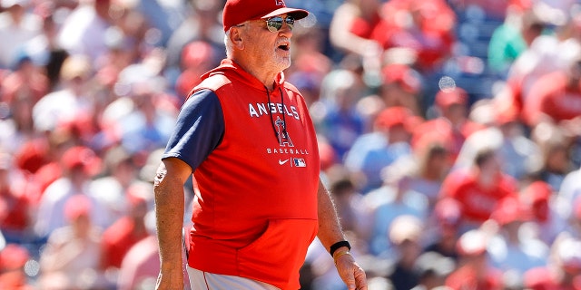 Joe Maddon of the Los Angeles Angels reacts during the fifth inning against the Phillies at Citizens Bank Park on June 5, 2022, in Philadelphia.