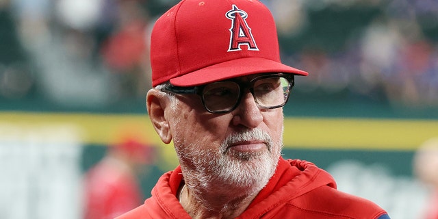 Joe Maddon of the Los Angeles Angels watches during the Texas Rangers game at Globe Life Field on May 16, 2022, in Arlington, Texas.