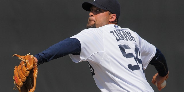 Joel Zumaya of the Detroit Tigers pitches against the Toronto Blue Jays during a spring training game at Joker Marchant Stadium Feb. 27, 2011, in Lakeland, Fla.