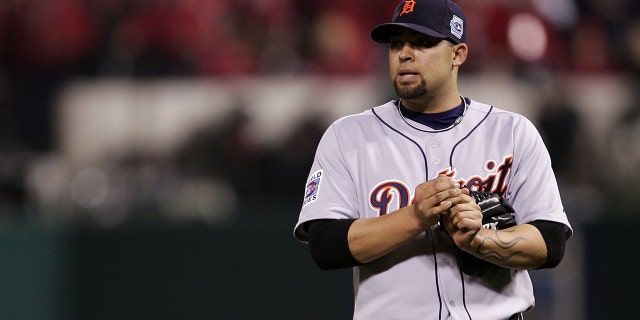 Relief pitcher Joel Zumaya of the Detroit Tigers reacts after throwing a wild pitch to Juan Encarnacion of the St. Louis Cardinals during the eighth inning of Game 4 of the 2006 World Series Oct. 26, 2006, at Busch Stadium in St. Louis.