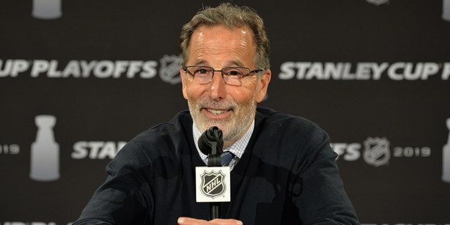 Coach John Tortorella of the Columbus Blue Jackets talks to the media after Game 4 of an Eastern Conference first round series during the 2019 NHL Stanley Cup Playoffs April 16, 2019, at Nationwide Arena in Columbus, Ohio. Columbus defeated Tampa Bay 7-3 to win the series 4-0.
