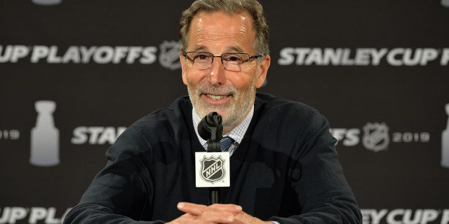 Head coach John Tortorella of the Columbus Blue Jackets talks to the media following Game 4 of the Eastern Conference first-round playoff series on April 16, 2019, at Nationwide Arena in Columbus, Ohio.