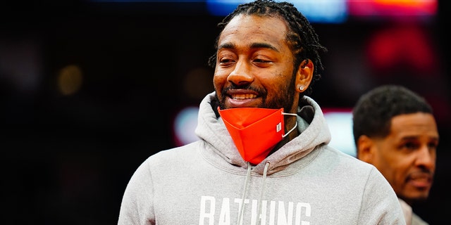 John Wall of the Houston Rockets looks on during a game against the New Orleans Pelicans on December 5, 2021 in Houston.