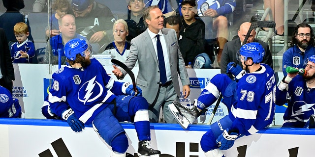 Head Coach John Cooper of the Tampa Bay Lightning reacts during the second period against the Colorado Avalanche in Game Three of the 2022 NHL Stanley Cup Final at Amalie Arena on June 20, 2022 in Tampa, Florida.