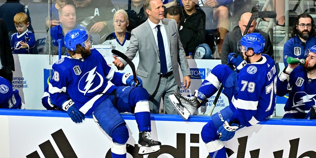 Head Coach John Cooper of the Tampa Bay Lightning reacts during the second period against the Colorado Avalanche in Game Three of the 2022 NHL Stanley Cup Final at Amalie Arena on June 20, 2022 in Tampa, Florida.