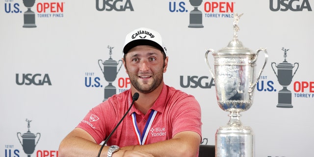 Jon Rahm speaks to the media after winning the final round of the 2021 U.S. Open at Torrey Pines Golf Course on June 20, 2021, in San Diego, California.