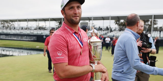 Jon Rahm of Spain leaves the trophy ceremony after winning during the final round of the 2021 U.S. Open at Torrey Pines Golf Course (South Course) on June 20, 2021 in San Diego, California.