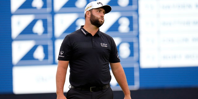 Jon Rahm of Spain will react on the 15th hole during the first round of the US Open Golf Tournament at the Country Club in Brookline, Massachusetts on Thursday, June 16, 2022. 