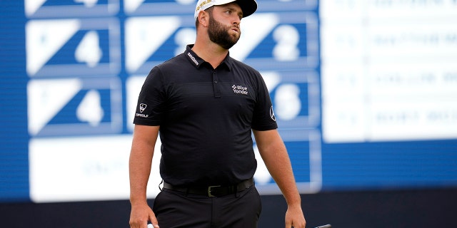 Jon Rahm, of Spain, reacts on the 15th hole during the first round of the U.S. Open golf tournament at The Country Club, Thursday, June 16, 2022, in Brookline, Mass.