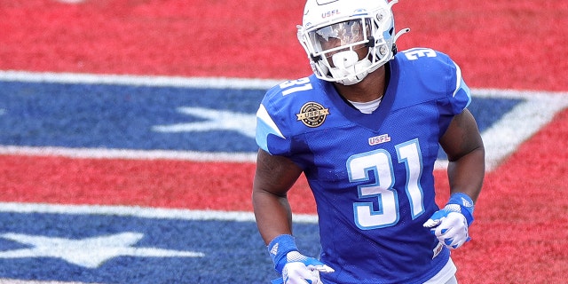 Jordan Ellis #31 of the New Orleans Breakers reacts after scoring a touchdown in the second quarter of the game against the Tampa Bay Bandits at Protective Stadium on June 12, 2022 in Birmingham, Alabama.