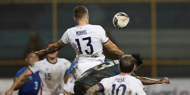 Jordan Morris #13 of the United States heads the ball for a goal  during a Concacaf Nations League game between El Salvador and the United States at Estadio Cuscatlan on June 14, 2022 in San Salvador, El Salvador.