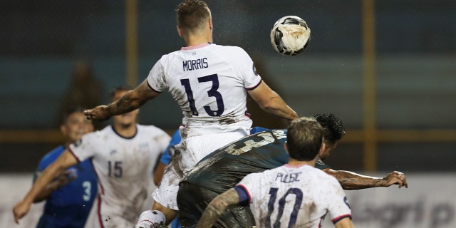 Jordan Morris #13 of the United States heads the ball for a goal during a Concacaf Nations League game between El Salvador and the United States at Estadio Cuscatlan on June 14, 2022 in San Salvador, El Salvador.