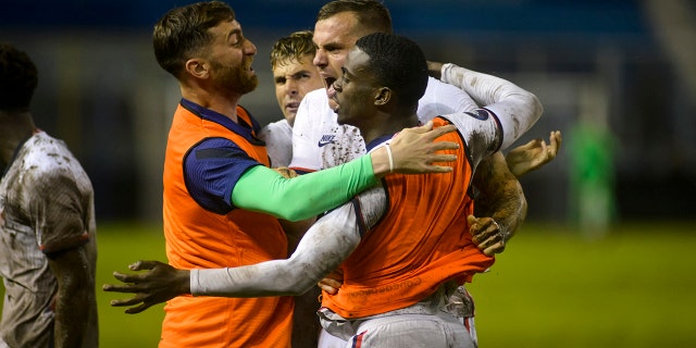 Jordan Morris (C) of the United States celebrates with his teammates after scoring during the match between El Salvador and the United States as part of the CONCACAF Nations League at Cuscatlan Stadium on June 14, 2022 in San Salvador, El Salvador.