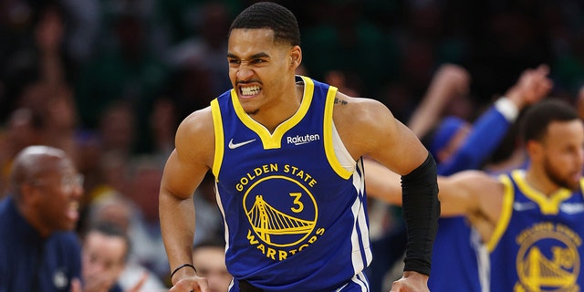 Jordan Poole, #3&lt; of the Golden State Warriors celebrates a three-pointer against the Boston Celtics during the second quarter in Game Six of the 2022 NBA Finals at TD Garden on June 16, 2022 in Boston, Massachusetts.