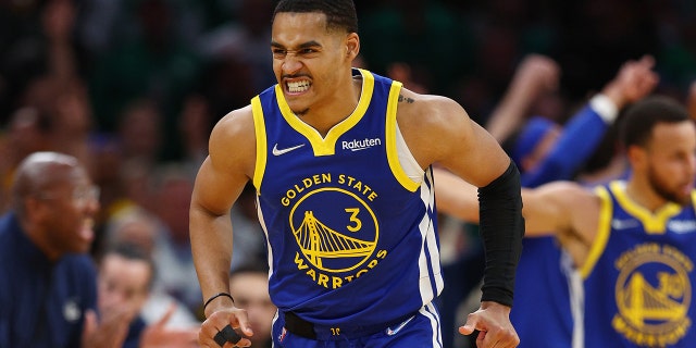 Jordan Poole, #3&lt; of the Golden State Warriors celebrates a three-pointer against the Boston Celtics during the second quarter in Game Six of the 2022 NBA Finals at TD Garden on June 16, 2022 in Boston, Massachusetts.