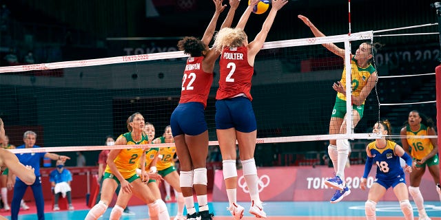 Haleigh Washington (22) and Jordyn Poulter (2) in action vs Brazil Gabriela Braga Guimaraes (10) during Women's Final at Ariake Arena. USA wins gold. Tokyo, Japan 8/8/2021 