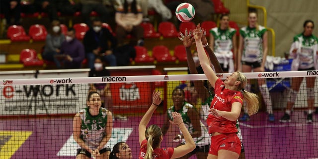 Jordyn Poulter during the Volleyball Italian Serie A1 Women match Unet E-Work Busto Arsizio vs Megabox Vallefoglia on January 16, 2022 at the E-Work Arena in Busto Arsizio (VA), Italy