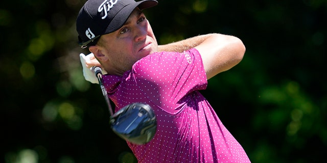 Justin Thomas hits off the sixth tee during the first round of the Charles Schwab Challenge golf tournament at the Colonial Country Club May 26, 2022, in Fort Worth, Texas.