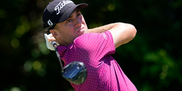 Justin Thomas hits off the sixth tee during the first round of the Charles Schwab Challenge golf tournament at the Colonial Country Club May 26, 2022, in Fort Worth, Texas.