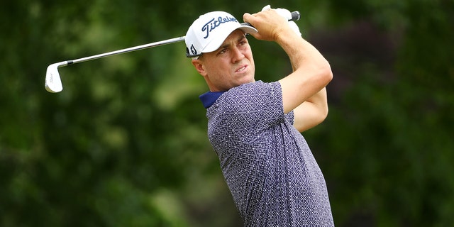 Justin Thomas of the United States plays his shot from the sixth tee during round one of the 122nd U.S. Open Championship at The Country Club June 16, 2022, in Brookline, Mass.