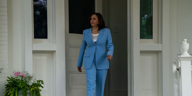 Kamala Harris walks out of the vice president's residence at the Naval Observatory in Washington on July 20, 2021.