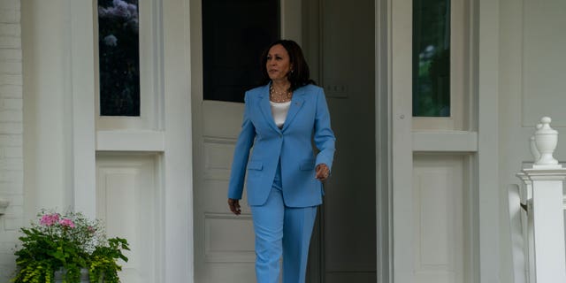 Kamala Harris walks out of the vice president's residence at the Naval Observatory in Washington on July 20, 2021.