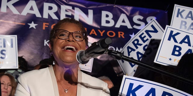 Rep. Karen Bass, D-Calif., speaks during her election night party Tuesday, June 7, 2022, in Los Angeles. Her home was burglarized this month and two weapons were stolen, prompting Councilman Joe Buscaino to question for greater transparency into the investigation. 