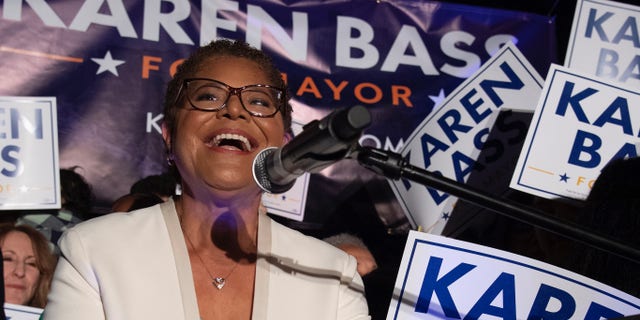 Rep. Karen Bass, D-Calif., speaks during her election night party Tuesday, June 7, 2022, in Los Angeles.