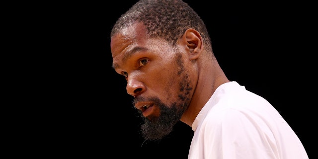 Kevin Durant of the Brooklyn Nets warms up before Game 4 of the Eastern Conference first round playoffs against the Boston Celtics at Barclays Center April 25, 2022, in Brooklyn. 