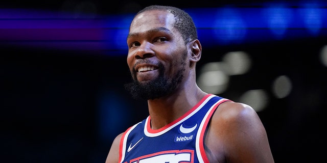 Brooklyn Nets' Kevin Durant is shown during the first half of an NBA basketball game against the Indiana Pacers at the Barclays Center, Sunday, Apr. 10, 2022, in New York. 