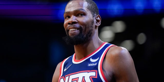 Brooklyn Nets' Kevin Durant is shown during the first half of an NBA basketball game against the Indiana Pacers at the Barclays Center, Sunday, Apr. 10, 2022, in New York. 