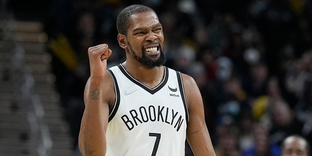 The Brooklyn Nets' Kevin Durant reacts during the second half of a game against the Indiana Pacers Jan. 5, 2022, in Indianapolis.
