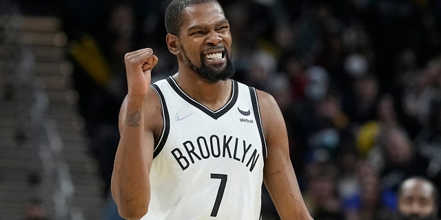 Brooklyn Nets' Kevin Durant reacts during the Indiana Pacers game, Jan. 5, 2022, in Indianapolis.