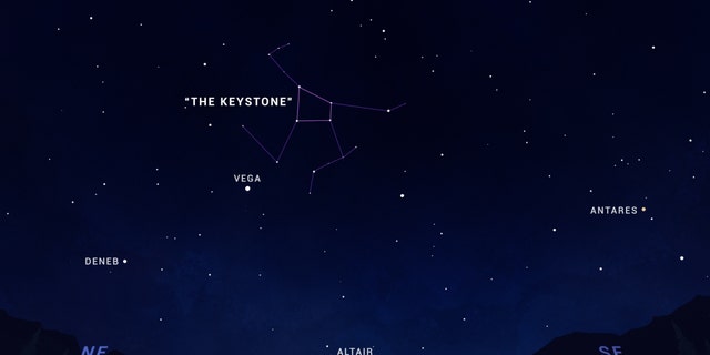 Find M13 in Hercules by first locating the stars that form the Keystone, about a third of the way between bright stars Vega and Arcturus. 