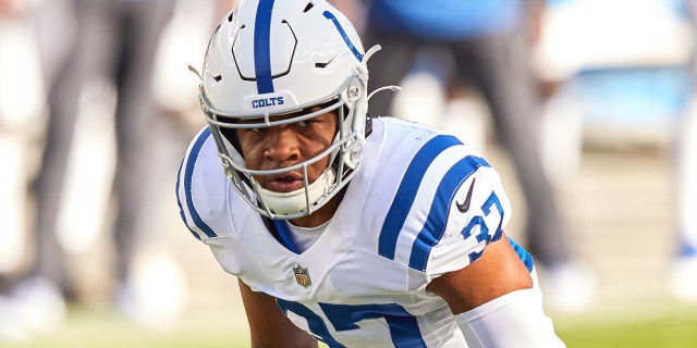 Indianapolis Colts Safety Khari Willis (37) looks on in game action during a NFL game between the Chicago Bears and the Indianapolis Colts on Oct. 4, 2020, at Soldier Field in Chicago, Illinois. 