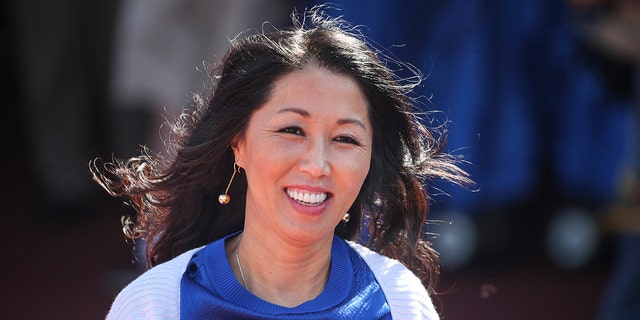 FILE - Buffalo Bills owner Kim Pegula smiles before an NFL football game against the Washington Football Team Sunday, Sept. 26, 2021, in Orchard Park, N.Y.