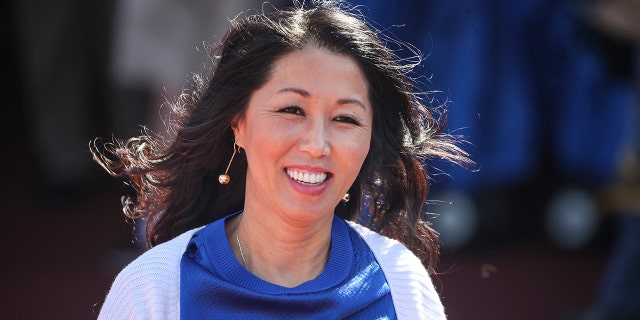 FILE - Buffalo Bills owner Kim Pegula smiles before an NFL football game against the Washington Football Team Sunday, Sept. 26, 2021, in Orchard Park, N.Y.