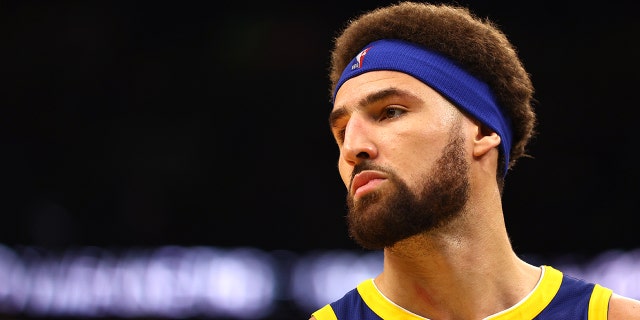 Klay Thompson #11 of the Golden State Warriors looks on against the Boston Celtics during the third quarter in Game Six of the 2022 NBA Finals at TD Garden on June 16, 2022 in Boston, Massachusetts.