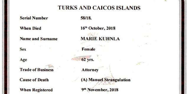 A screengrab of Kuhnla's Turks and Caicos death certificate.