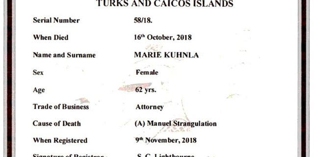 A screen grab of the Turks and Caicos Islands death certificate in Kuunla.