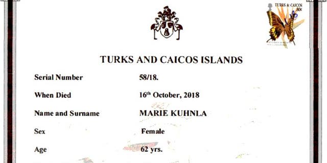 A screen grab of Kuhnla's Turks and Caicos death certificate.