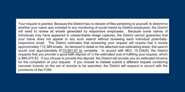 Rochester, Michigan, parent was quoted 170K for a public records request