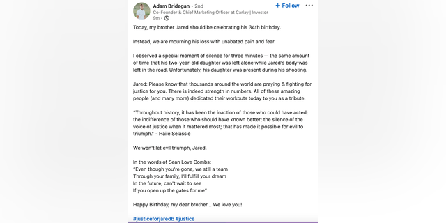 A memorial for slain Microsoft executive Jared Bridegan on what would have been his 34th birthday.