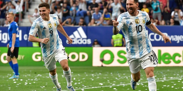 Argentina's Lionel Messi (10) celebrates scoring his side's third goal during a match against Estonia at El Sadar stadium in Pamplona, northern Spain, Sunday, June 5, 2022.