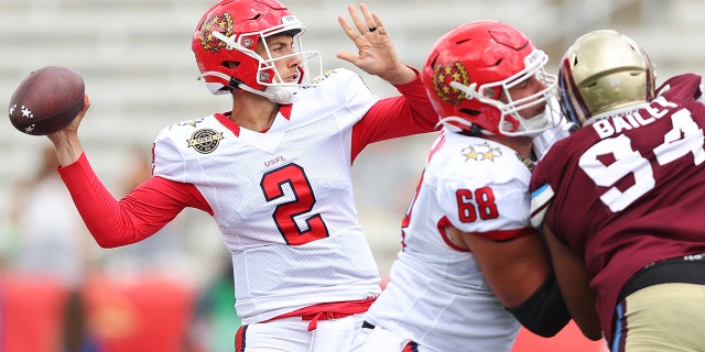 Luis Perez #2 of the New Jersey Generals passes the ball in the second quarter of the game against the Michigan Panthers at Protective Stadium on June 11, 2022 in Birmingham, Alabama.